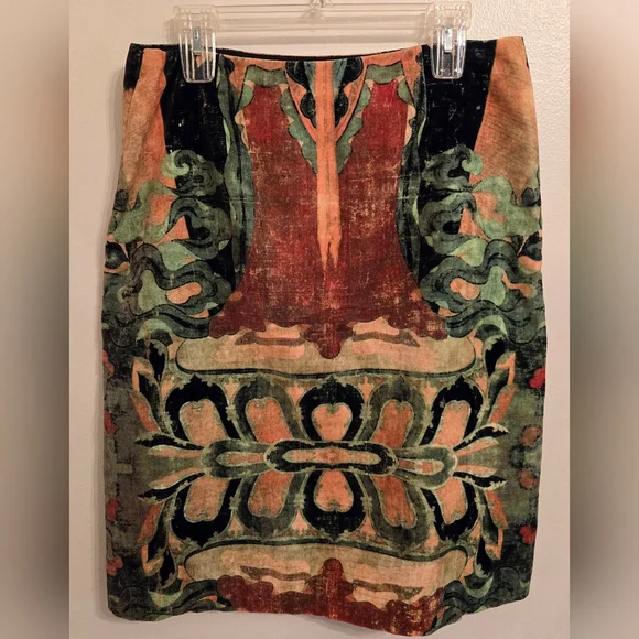 Vivienne Tam Vintage 90s Cotton Velvet Buddha Asian Midi Skirt - Picture 2 of 14